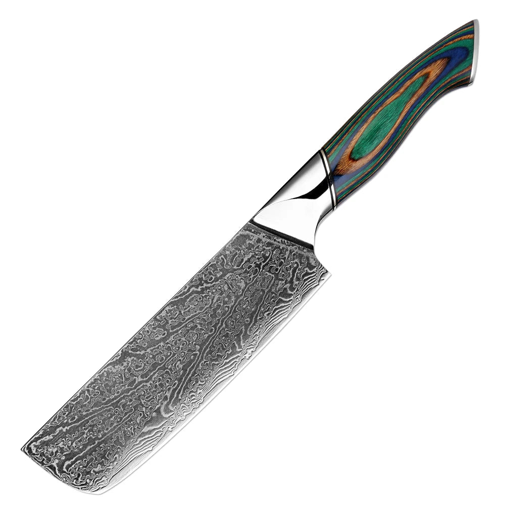 Japanese Knife 7-Piece Damascus Steel Set with Green Wood Handles