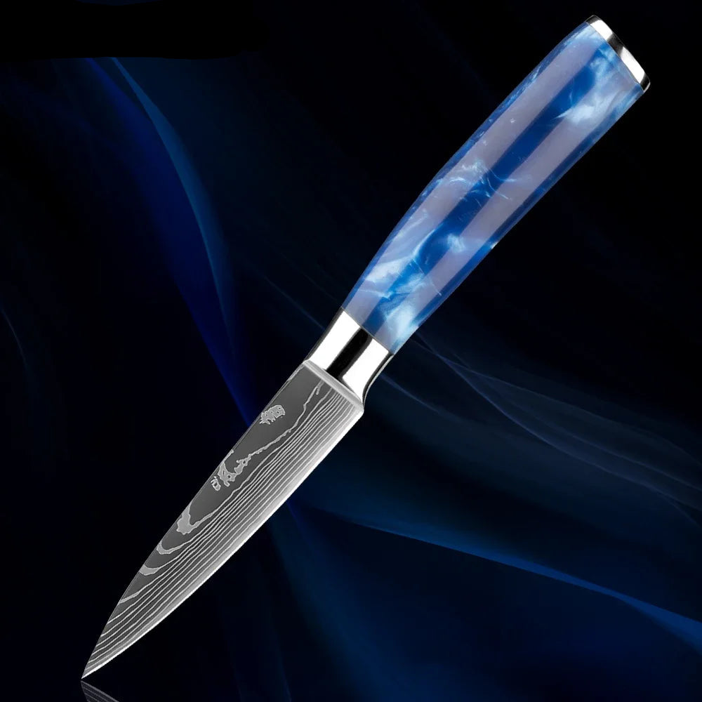 Japanese Knife Set - 1-8 Piece Stainless Steel Kitchen Knives with Blue Resin Handle