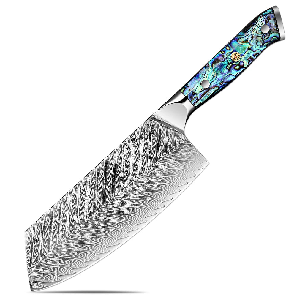 Japanese Knife Set - Damascus Steel Chef, Cleaver & Boning Knives with Abalone Shell Handle