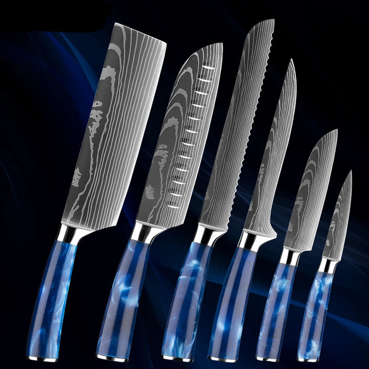 XITUO Japanese Knife Set - 6-Piece Stainless Steel with Laser Pattern Blades and Blue Resin Handles