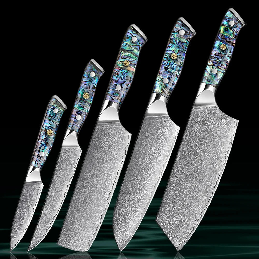 Japanese Damascus Steel Kitchen Knife Set with Abalone Shell Handle