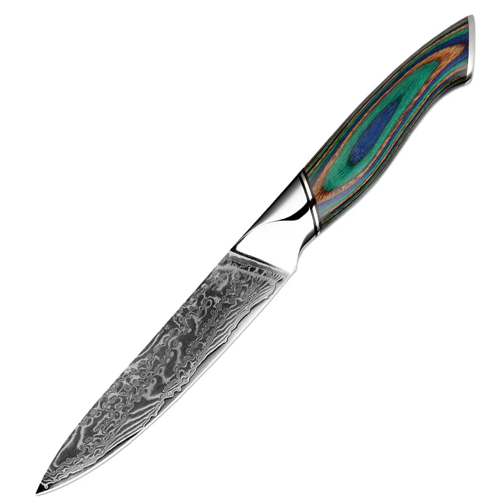 Japanese Knife 7-Piece Damascus Steel Set with Green Wood Handles