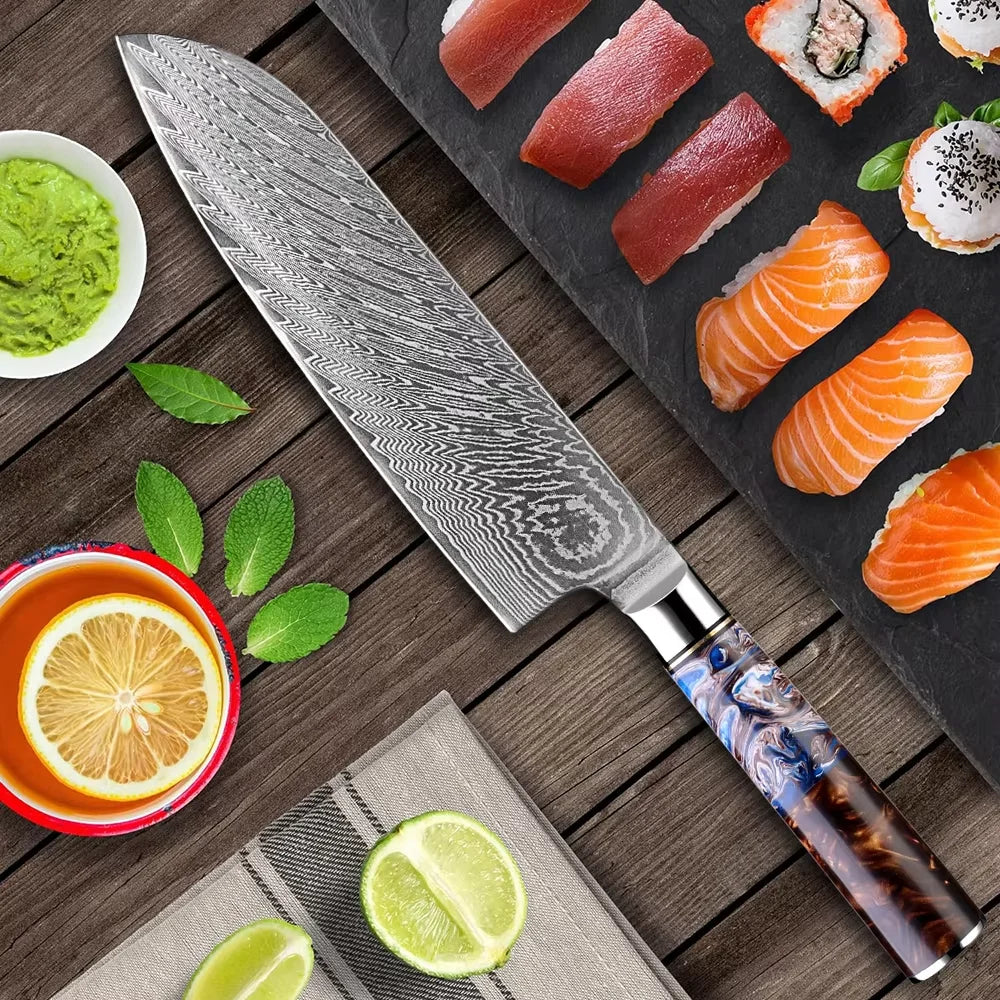 7PCS Japanese Knife Set with Sea Blue Resin Wood Handle