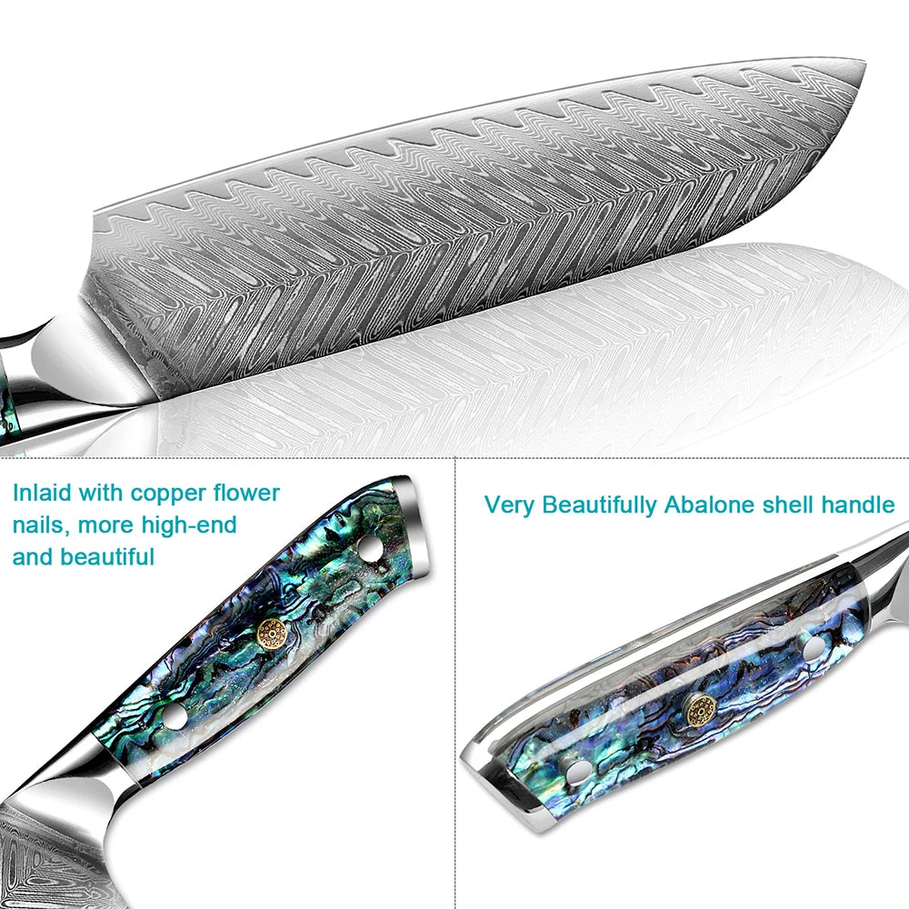 Japanese Knife Set - Damascus Steel Chef, Cleaver & Boning Knives with Abalone Shell Handle