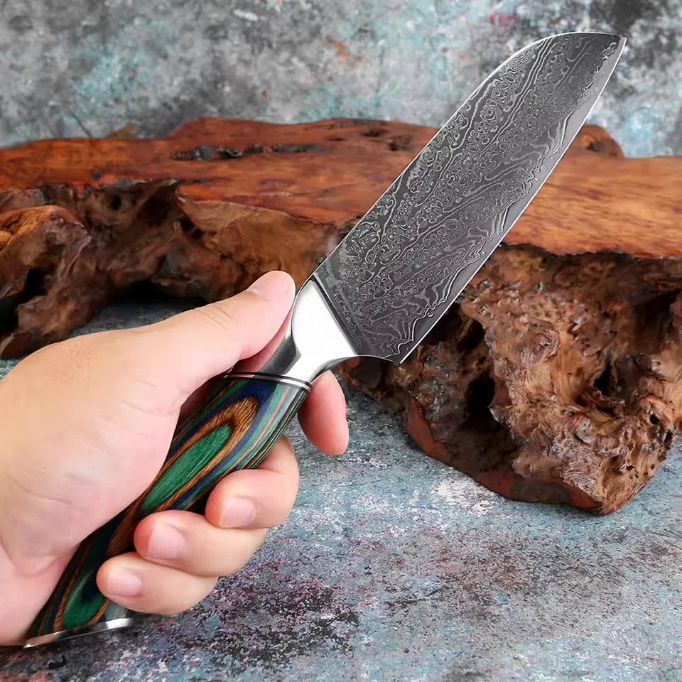 Japanese Knife 7-Piece Damascus Steel Set with Green Wood Handles