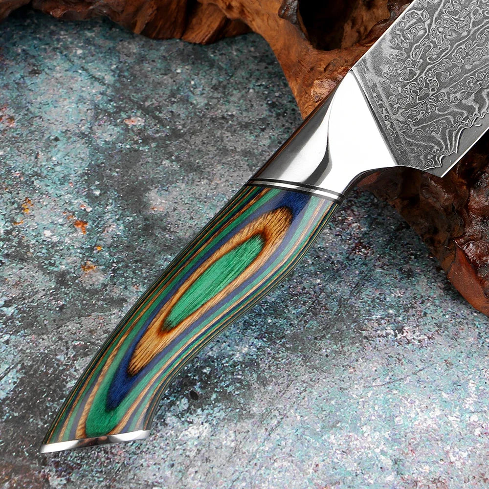 Japanese Knife 7-Piece Damascus Steel Set with Green Wood Handles