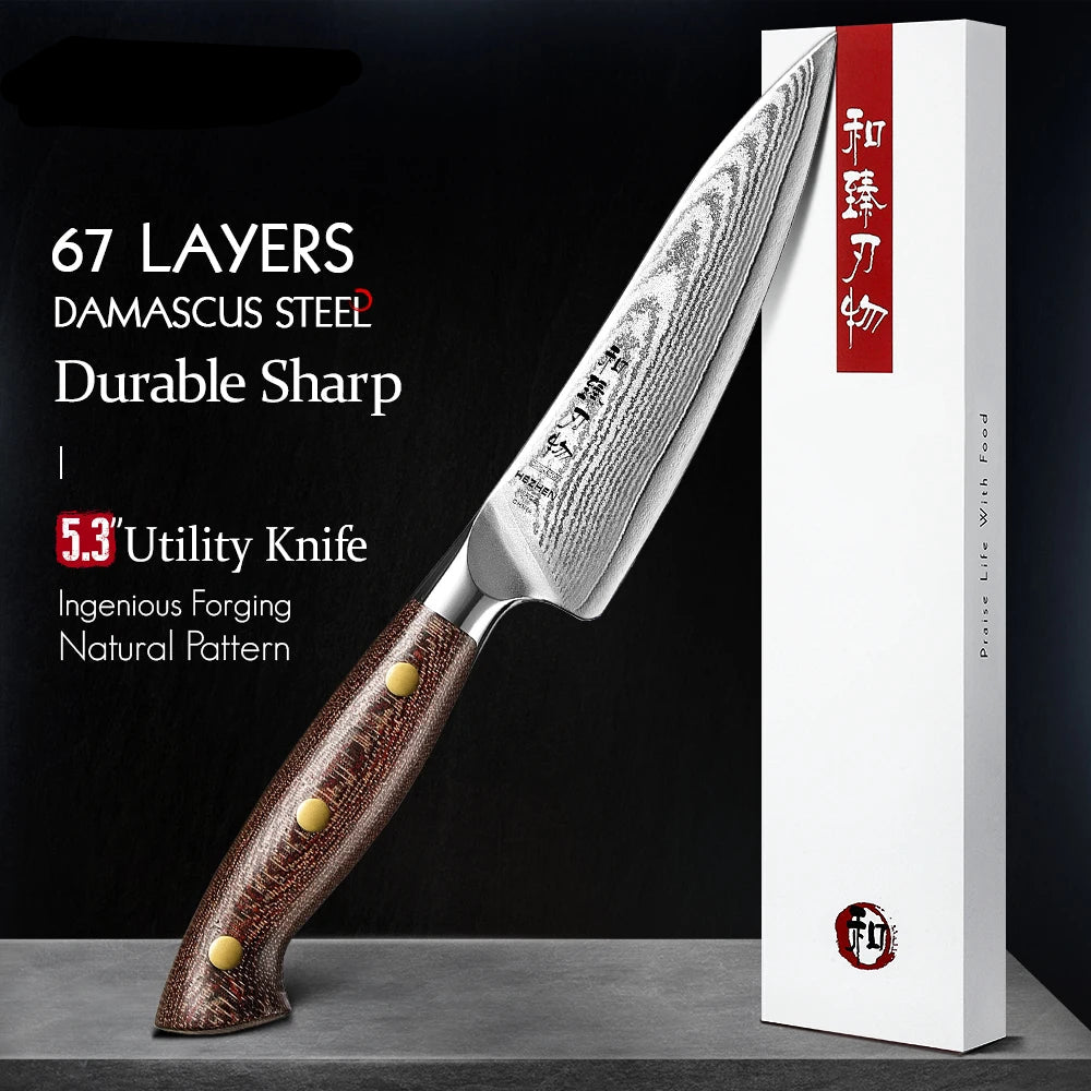 HEZHEN Japanese Knife Set - 3PC Damascus Steel with Micarta Handles
