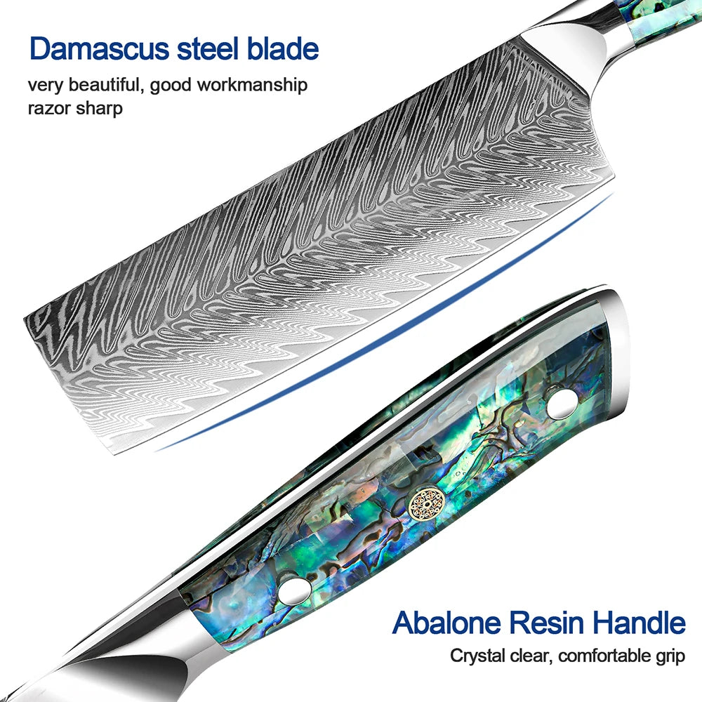 Japanese Knife Set - Damascus Steel Chef, Cleaver & Boning Knives with Abalone Shell Handle