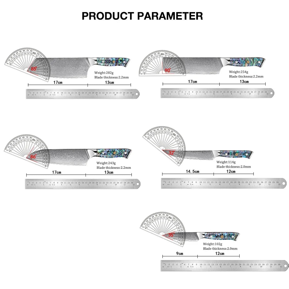 Japanese Damascus Steel Kitchen Knife Set with Abalone Shell Handle