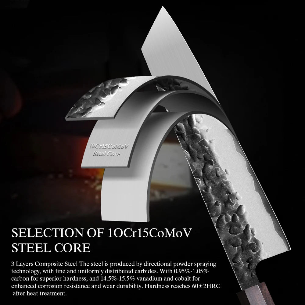 YIZEMA Japanese Knife Set - Kiritsuke, Santoku & Paring Knives with 3-Layer Composite Steel