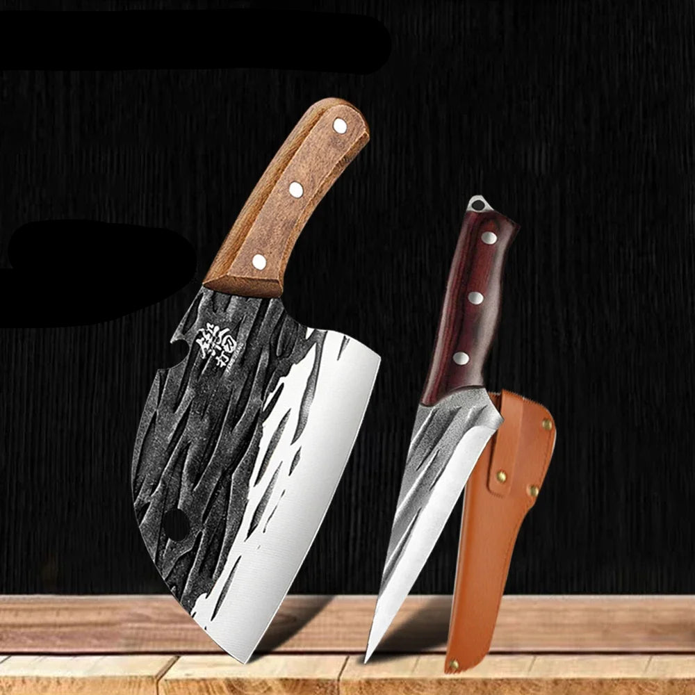 5-Piece Hand-Forged Japanese Knife Set with Wooden Handle