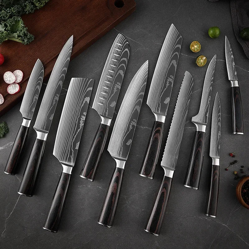 Japanese Knife Set - Damascus Pattern Stainless Steel Kitchen Knives