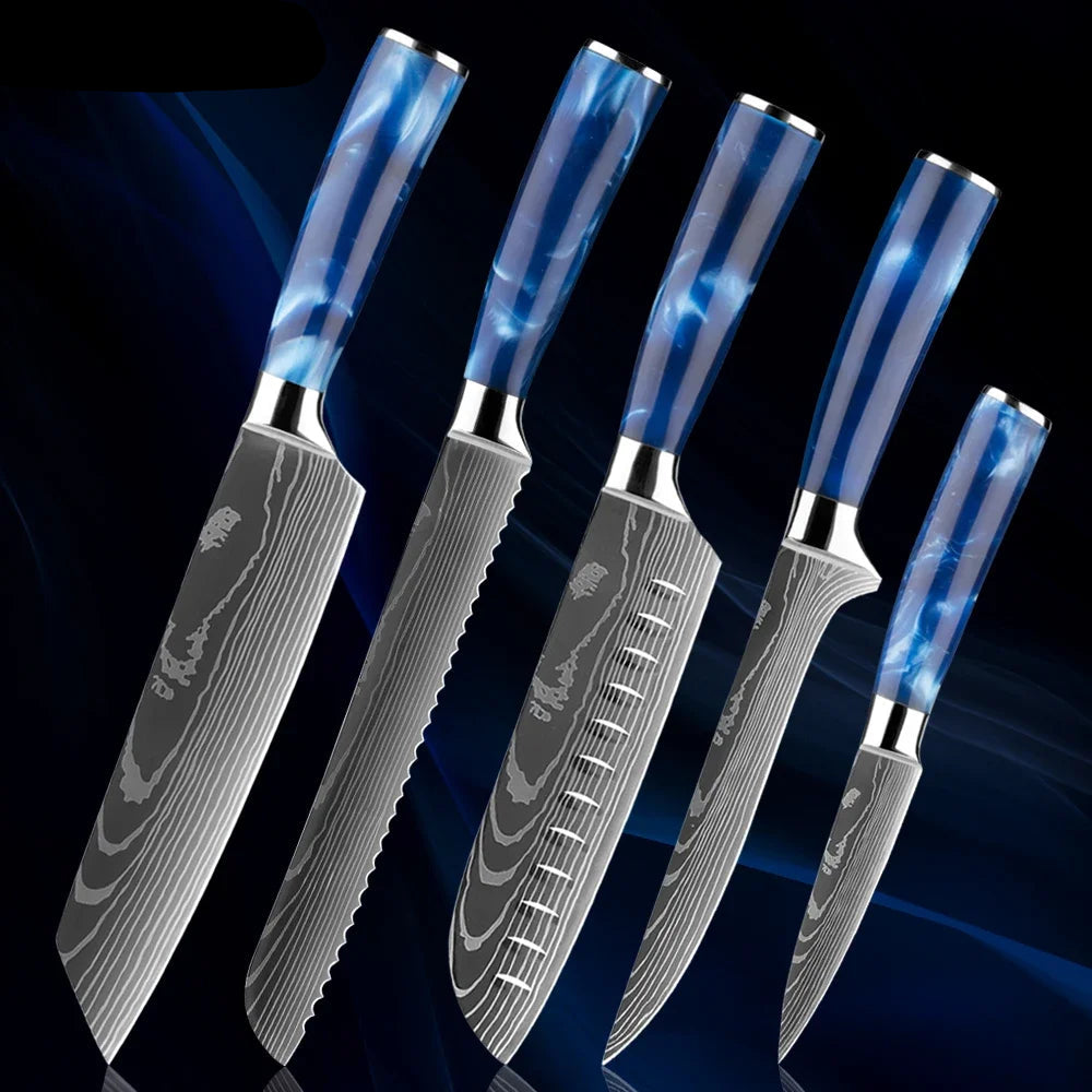 Japanese Knife Set - 1-8 Piece Stainless Steel Kitchen Knives with Blue Resin Handle