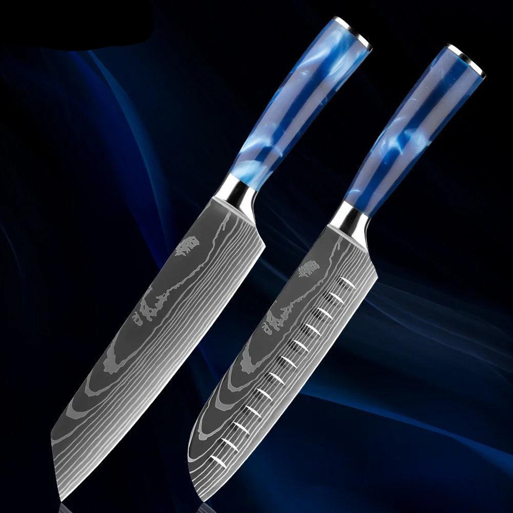 Japanese Knife Set - 1-8 Piece Stainless Steel Kitchen Knives with Blue Resin Handle