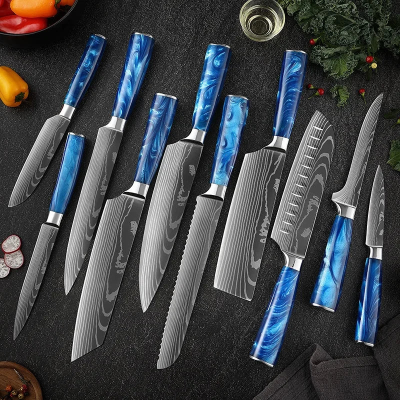 Japanese Knife Set - Damascus Pattern Stainless Steel Kitchen Knives