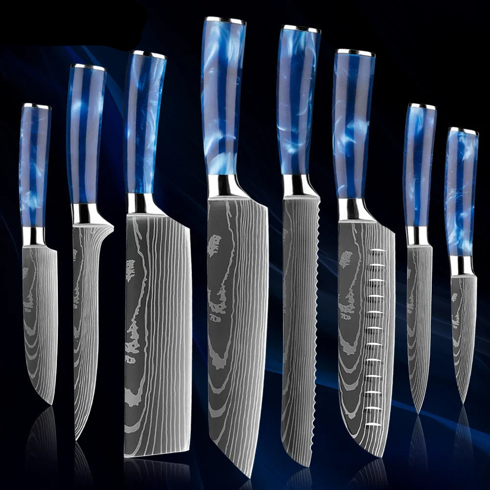 Japanese Knife Set - 1-8 Piece Stainless Steel Kitchen Knives with Blue Resin Handle