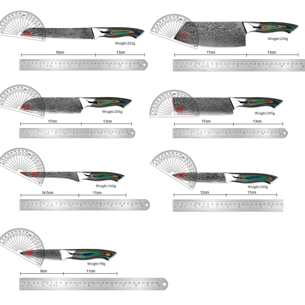 Japanese Knife 7-Piece Damascus Steel Set with Green Wood Handles
