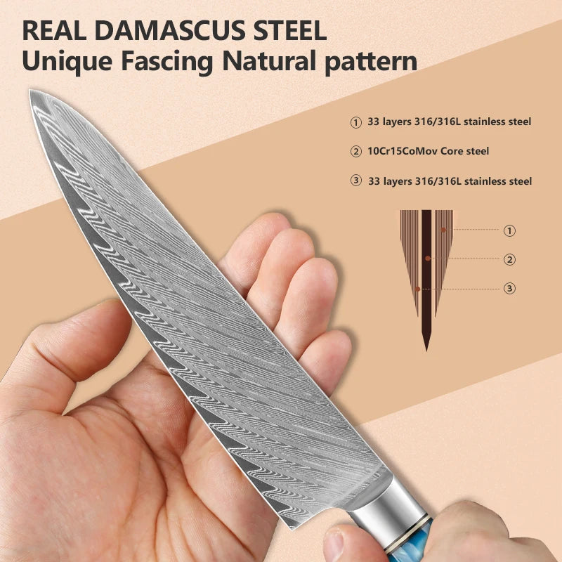 Japanese Damascus Steel Knife Set with Blue Resin Handles