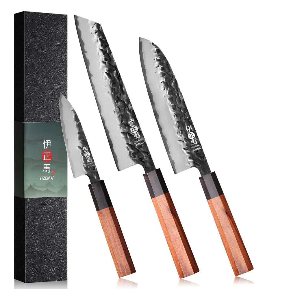 YIZEMA Japanese Knife Set - Kiritsuke, Santoku & Paring Knives with 3-Layer Composite Steel