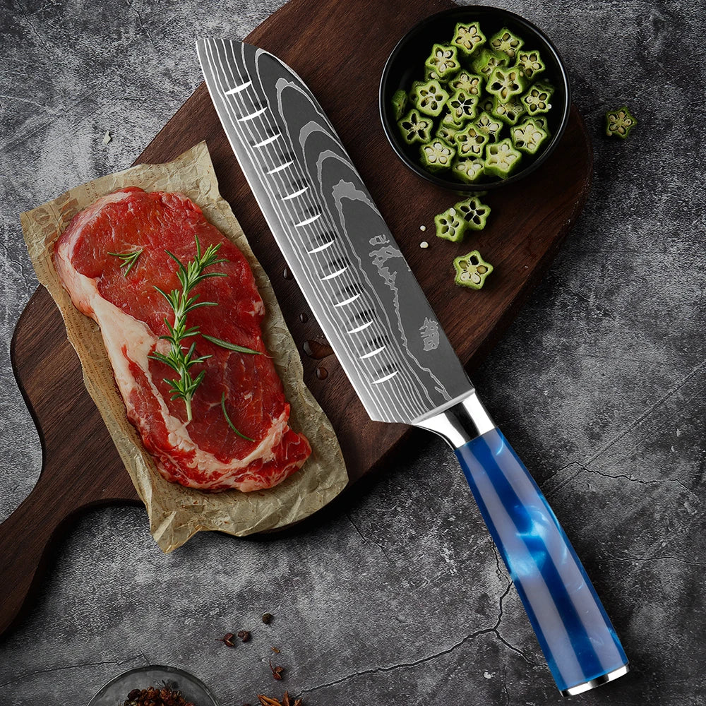 XITUO Japanese Knife Set - 6-Piece Stainless Steel with Laser Pattern Blades and Blue Resin Handles