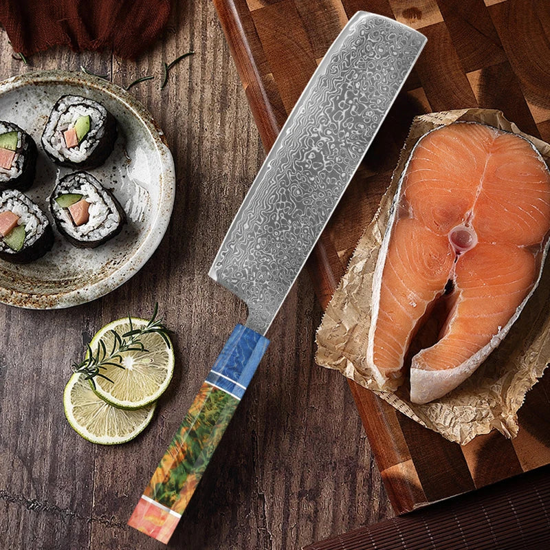 Japanese Knife Set - VG10 Damascus Steel Chef, Santoku, Nakiri & Kiritsuke Knives with Wood Handle