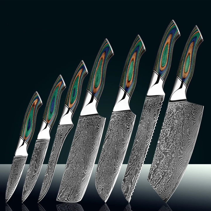 Japanese Knife 7-Piece Damascus Steel Set with Green Wood Handles