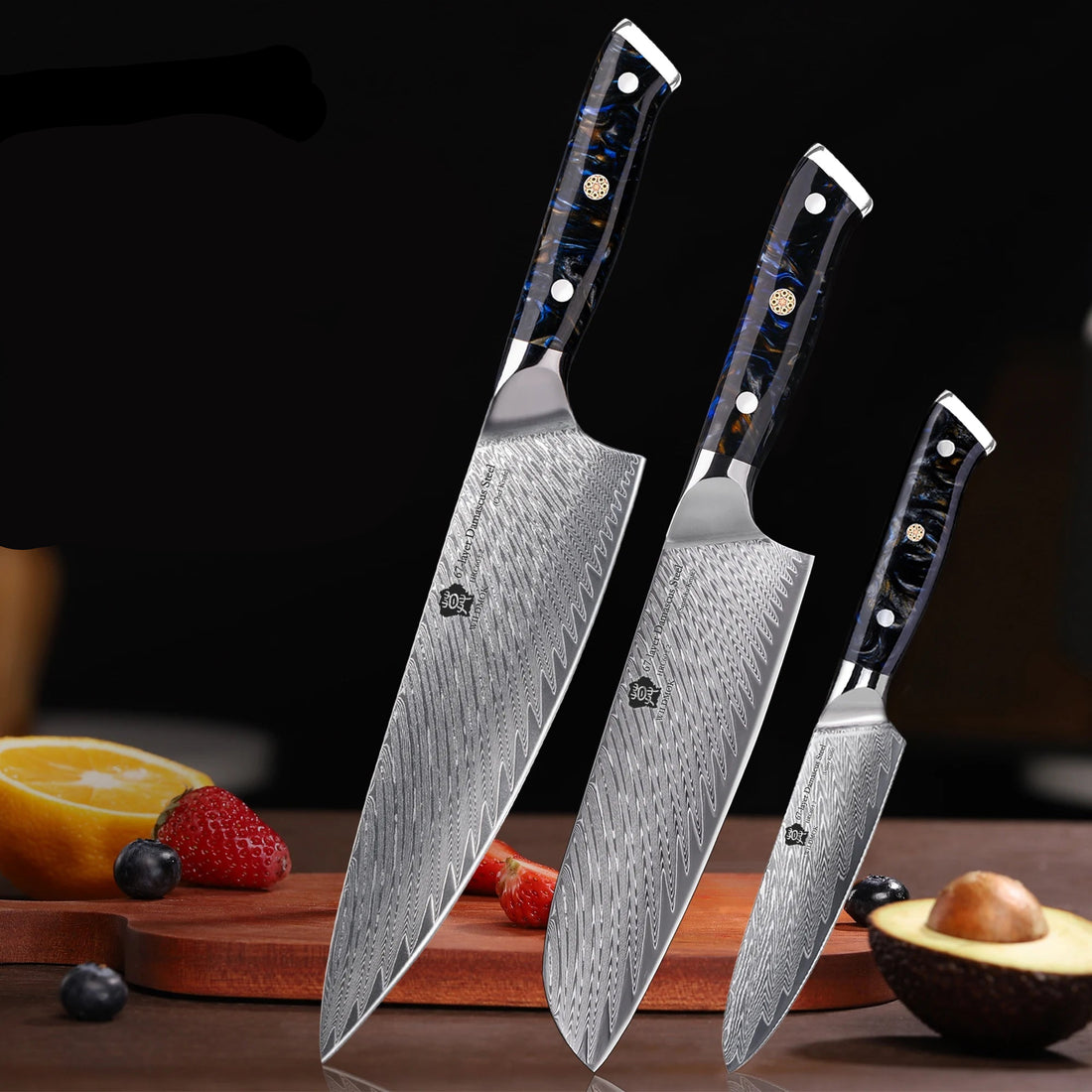 WILDMOK Japanese Knife Set - 3 Pcs Damascus VG10 Steel Chef Knives