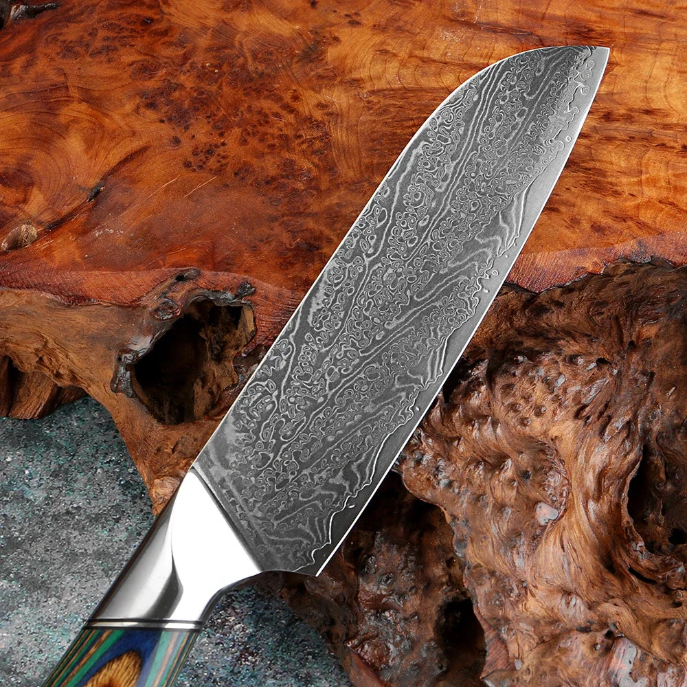 Japanese Knife 7-Piece Damascus Steel Set with Green Wood Handles