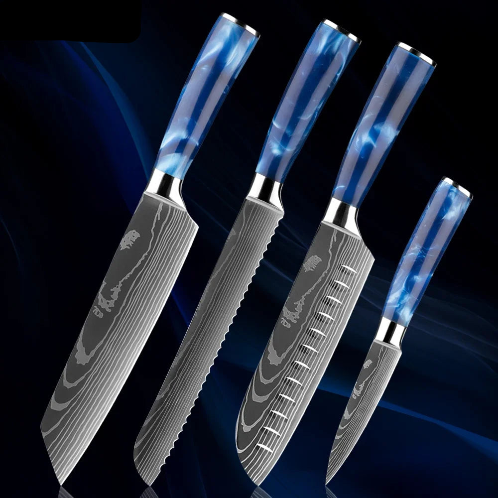 Japanese Knife Set - 1-8 Piece Stainless Steel Kitchen Knives with Blue Resin Handle