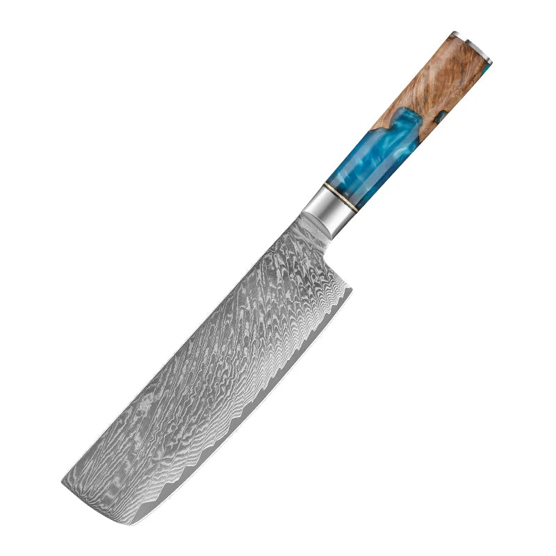 Japanese Damascus Steel Knife Set with Blue Resin Handles