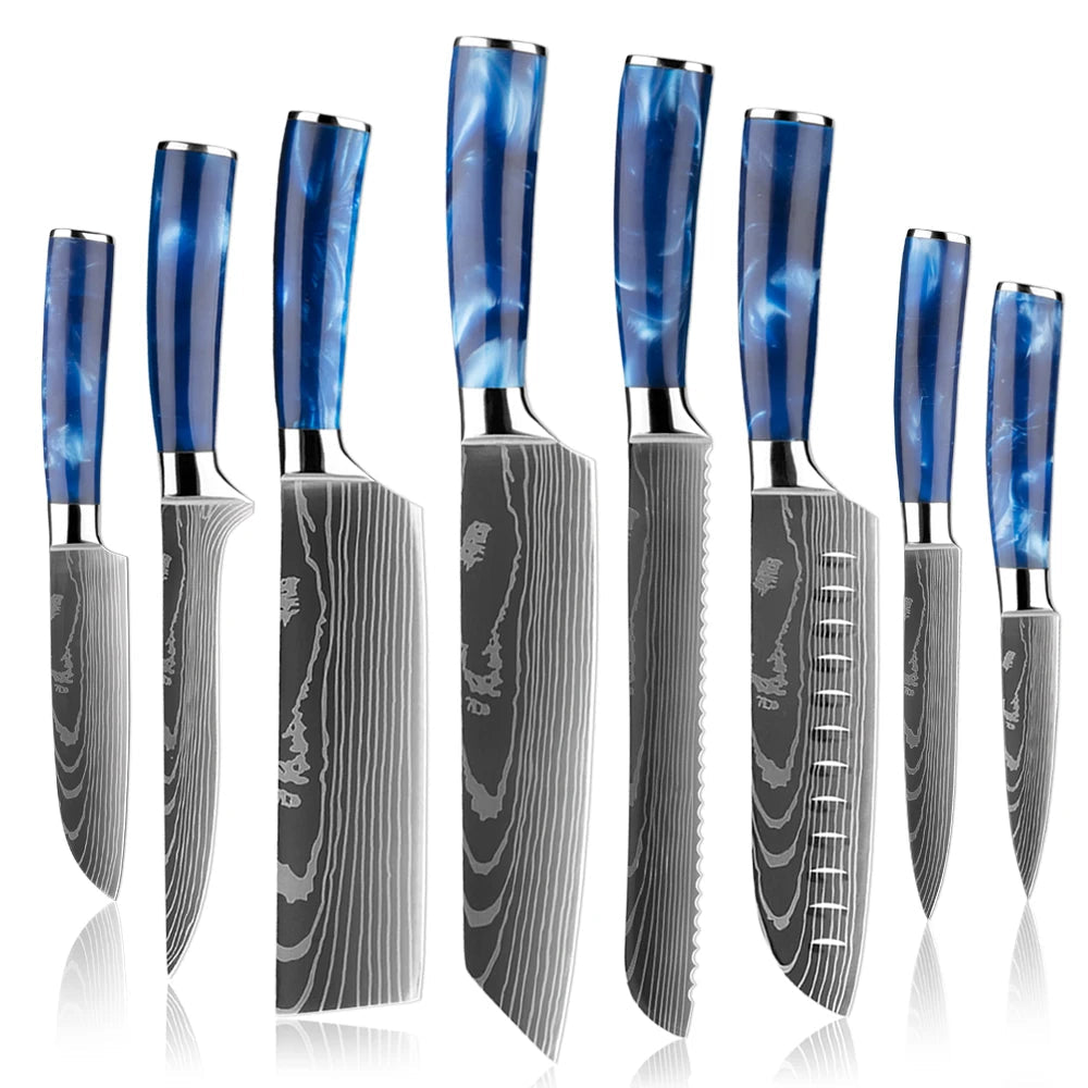Japanese Knife Set - 1-8 Piece Stainless Steel Kitchen Knives with Blue Resin Handle