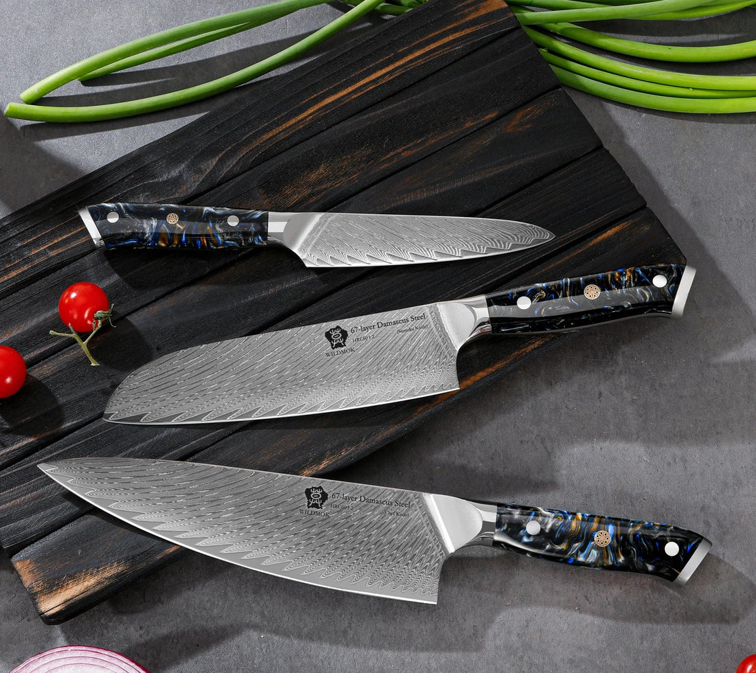 WILDMOK Japanese Knife Set - 3 Pcs Damascus VG10 Steel Chef Knives