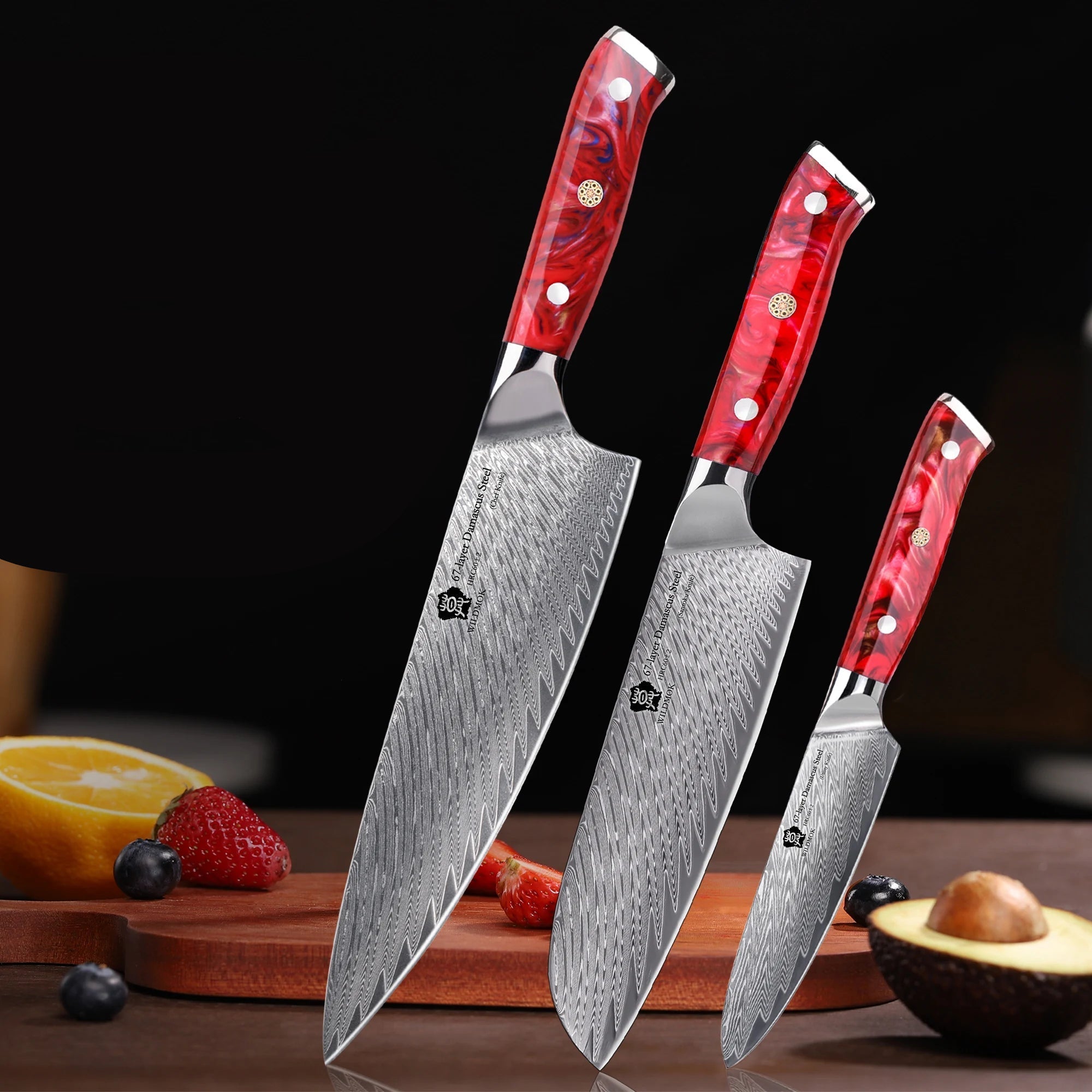 WILDMOK Japanese Knife Set - 3 Pcs Damascus VG10 Steel Chef Knives