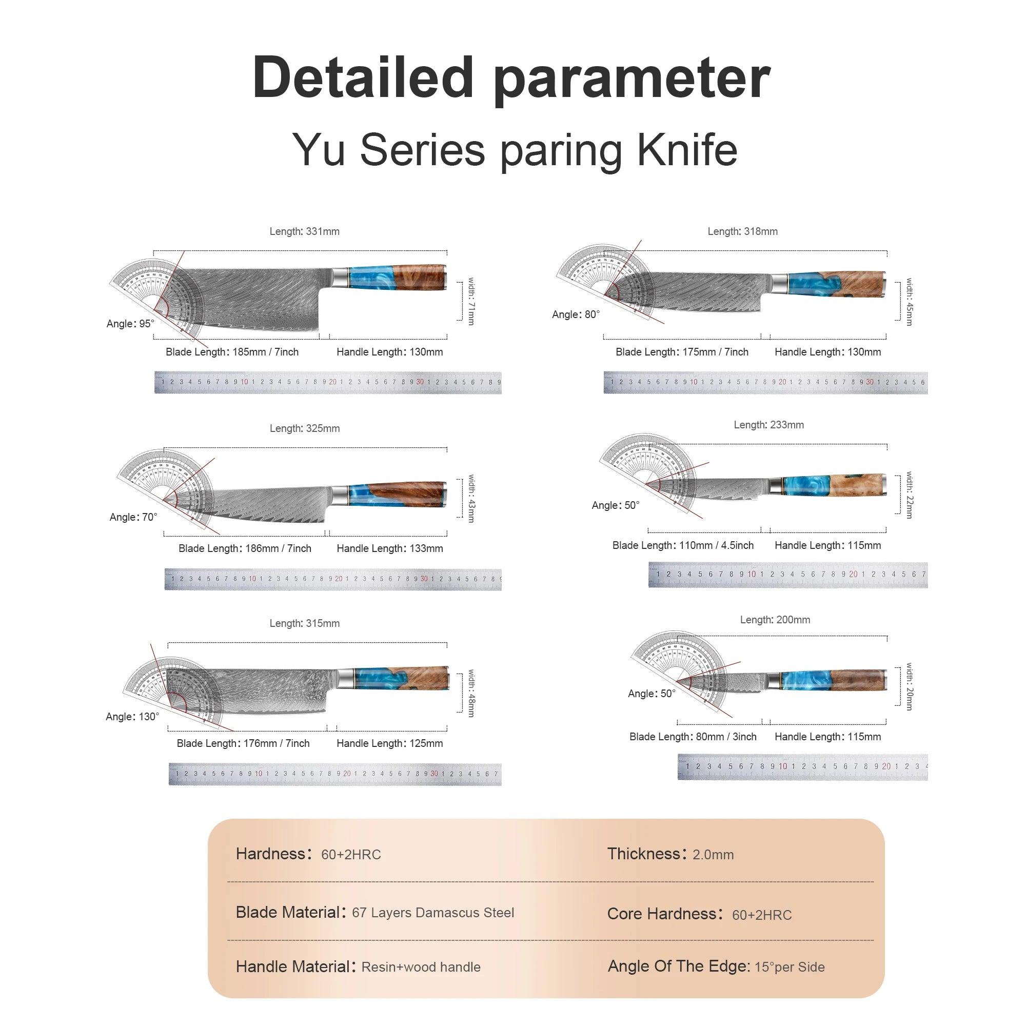 Japanese Damascus Steel Knife Set with Blue Resin Handles