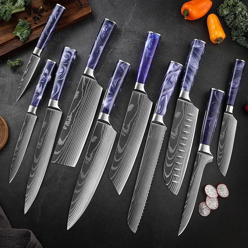Japanese Knife Set - Damascus Pattern Stainless Steel Kitchen Knives