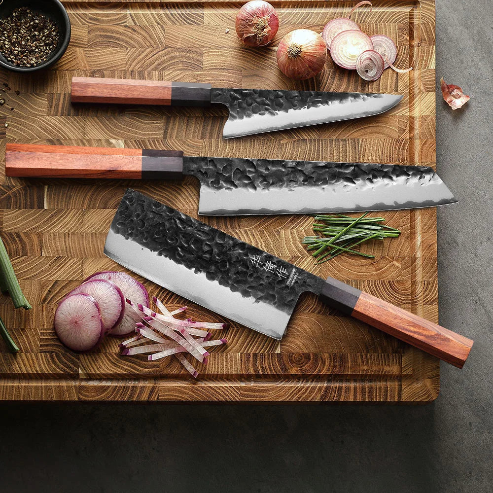 Japanese Knife Set: 3-Piece Utility Honesuki, Nakiri, Kiritsuke Professional Chef Knives