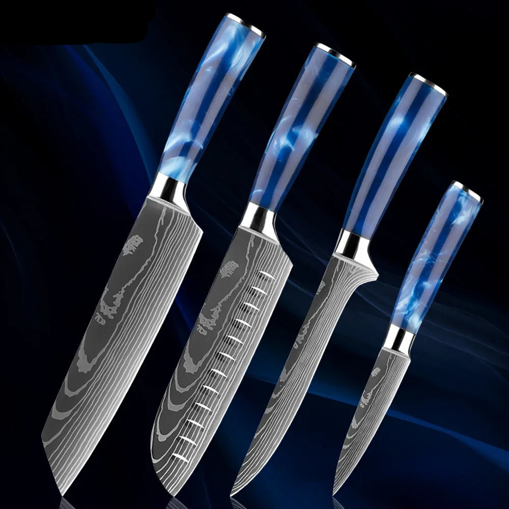 Japanese Knife Set - 1-8 Piece Stainless Steel Kitchen Knives with Blue Resin Handle