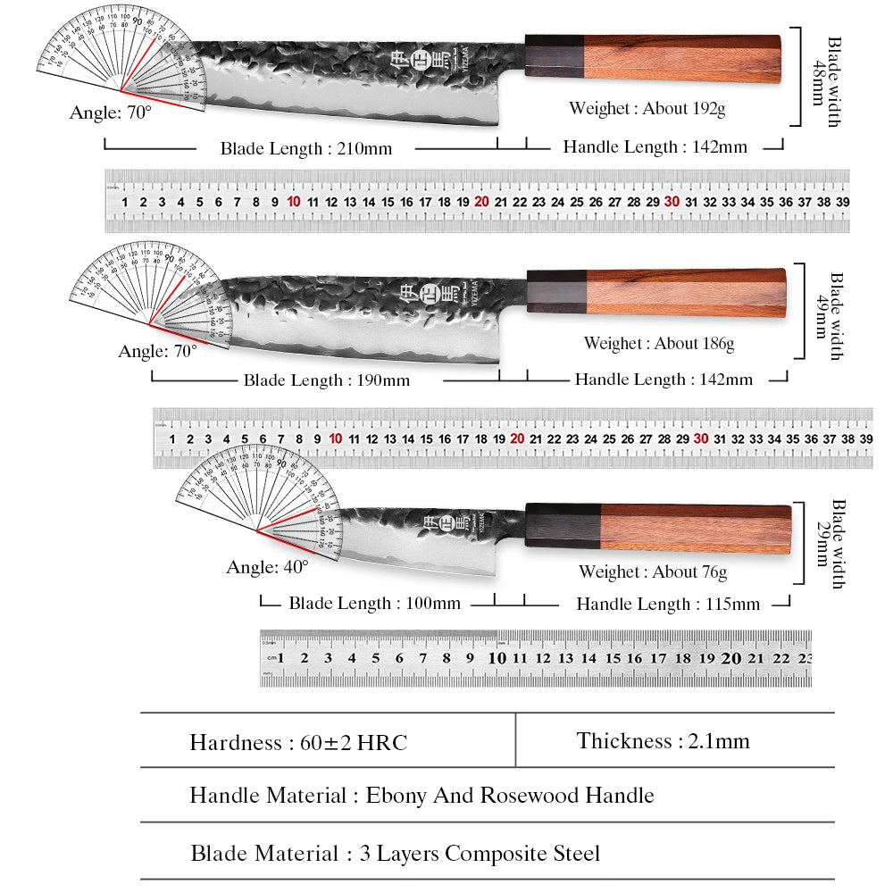 YIZEMA Japanese Knife Set - Kiritsuke, Santoku & Paring Knives with 3-Layer Composite Steel