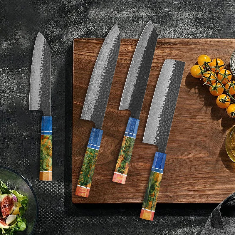 Japanese Knife Set - 4 PCS VG10 Damascus Chef, Kiritsuke, Nakiri & Santoku Knives
