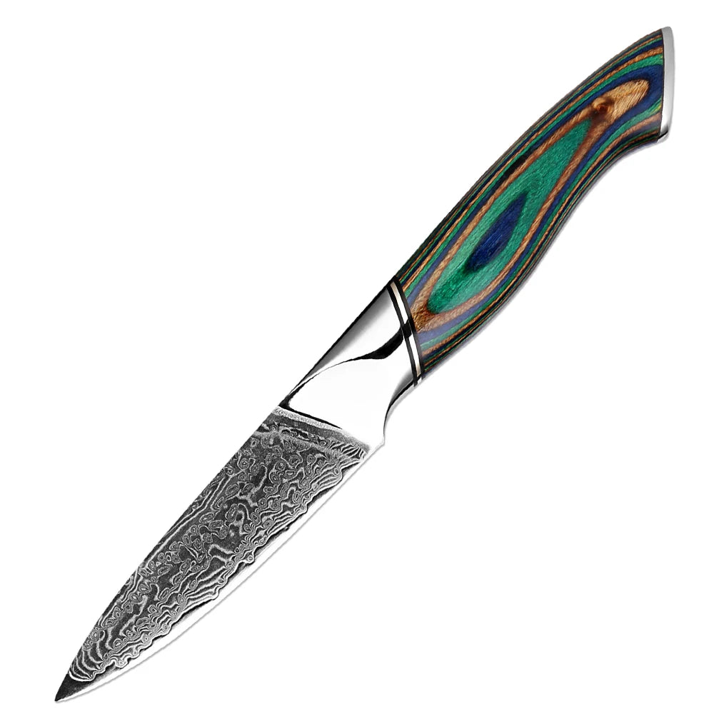 Japanese Knife 7-Piece Damascus Steel Set with Green Wood Handles