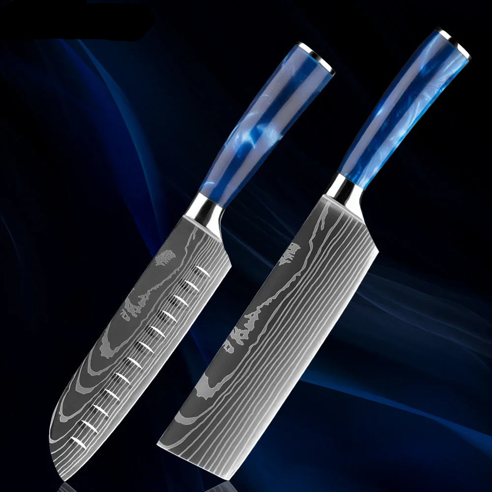Japanese Knife Set - 1-8 Piece Stainless Steel Kitchen Knives with Blue Resin Handle