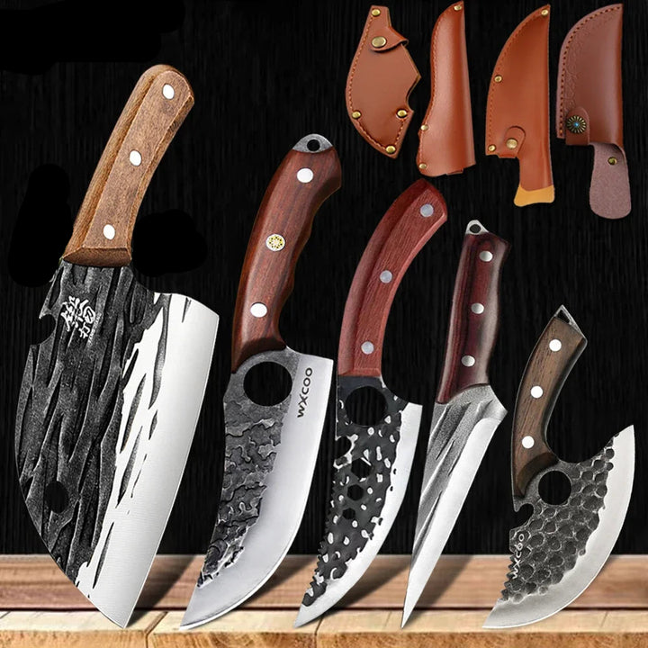 5-Piece Hand-Forged Japanese Knife Set with Wooden Handle