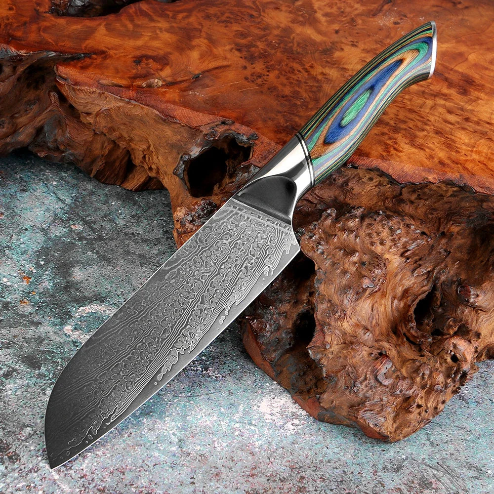 Japanese Knife 7-Piece Damascus Steel Set with Green Wood Handles