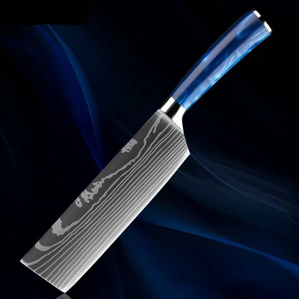 Japanese Knife Set - 1-8 Piece Stainless Steel Kitchen Knives with Blue Resin Handle