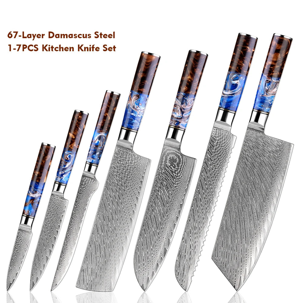 7PCS Japanese Knife Set with Sea Blue Resin Wood Handle