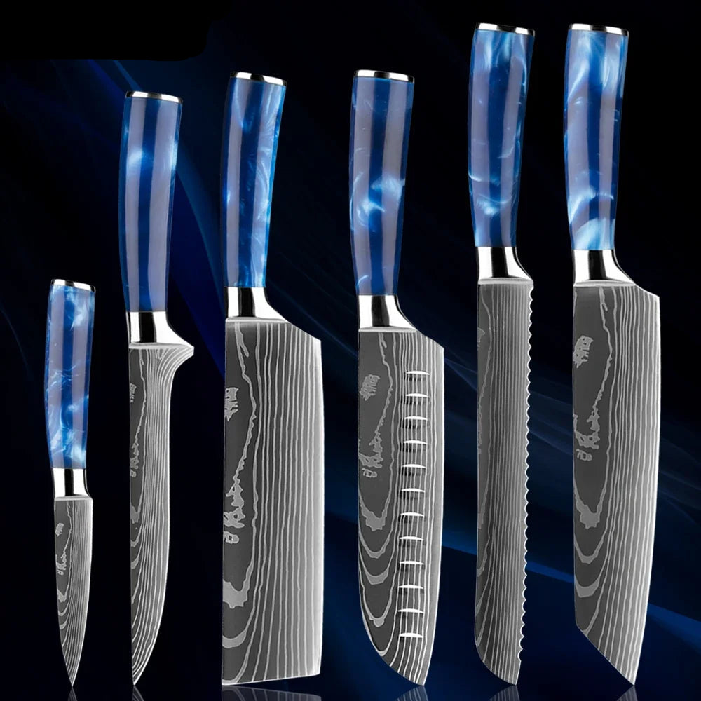 Japanese Knife Set - 1-8 Piece Stainless Steel Kitchen Knives with Blue Resin Handle