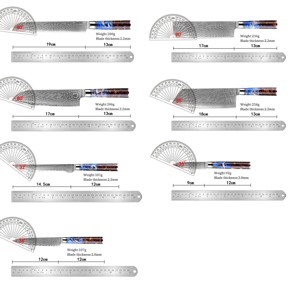 7PCS Japanese Knife Set with Sea Blue Resin Wood Handle