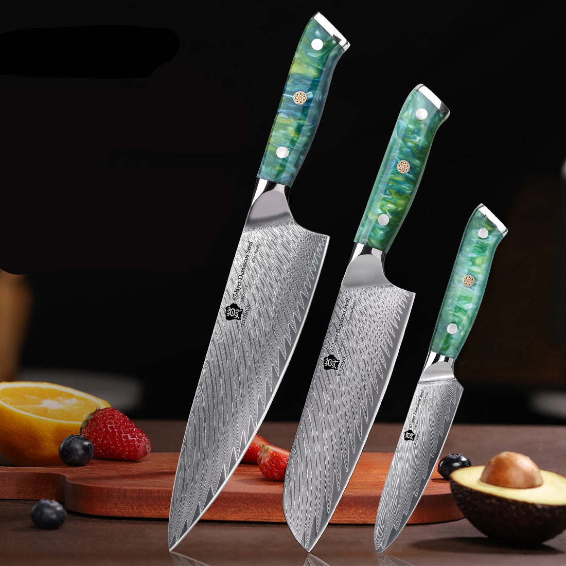 WILDMOK Japanese Knife Set - 3 Pcs Damascus VG10 Steel Chef Knives