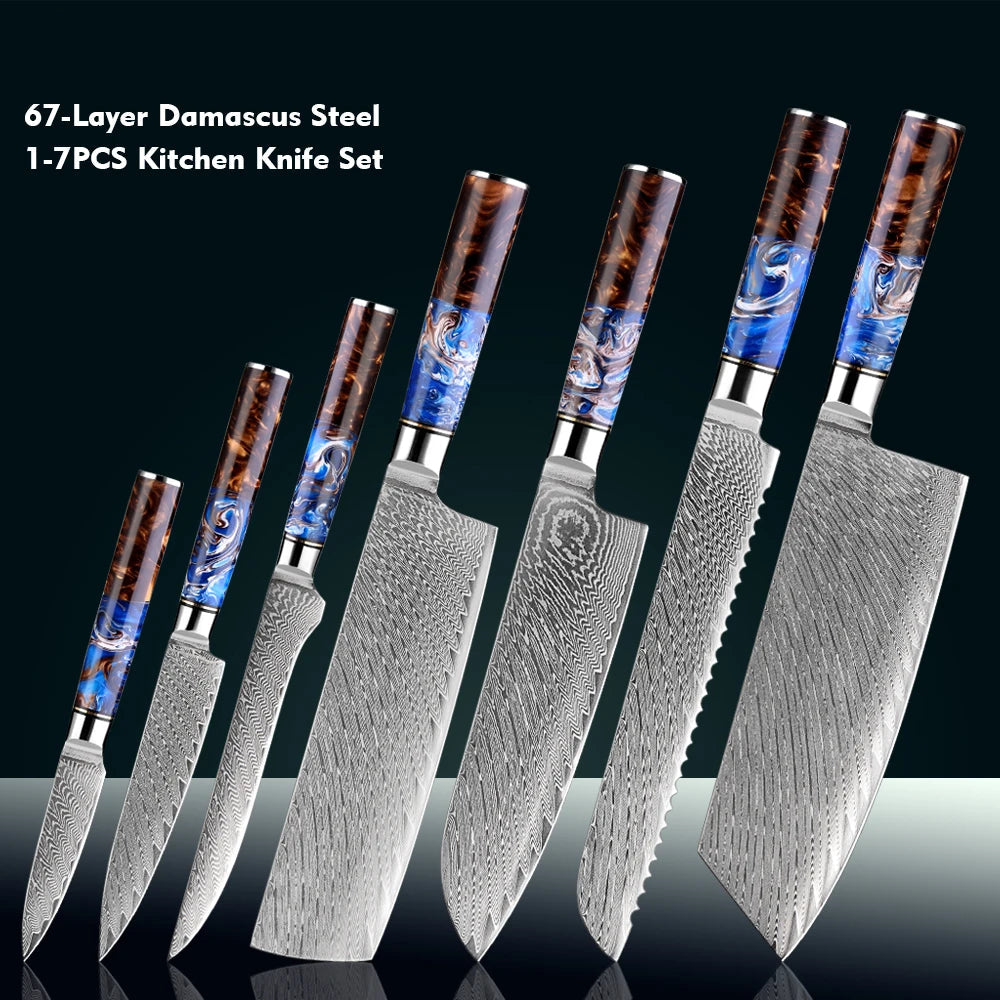 7PCS Japanese Knife Set with Sea Blue Resin Wood Handle