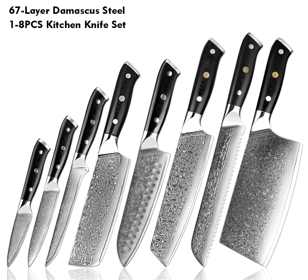 Japanese 8-Piece Damascus Steel Kitchen Knife Set with Ergonomic Handle